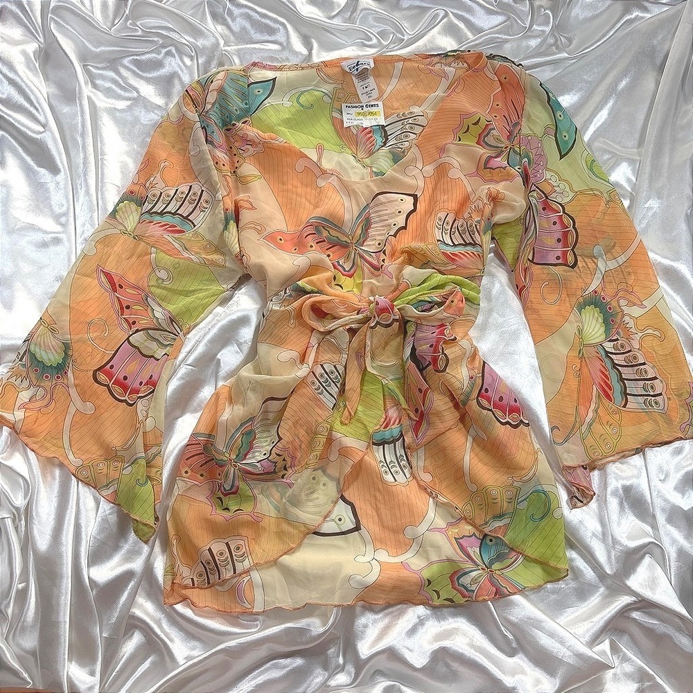 y2k Beware Butterfly Blouse Orange Excellent Sheer Tie Front Bell Sleeve Top 2XL - Picture 1 of 6